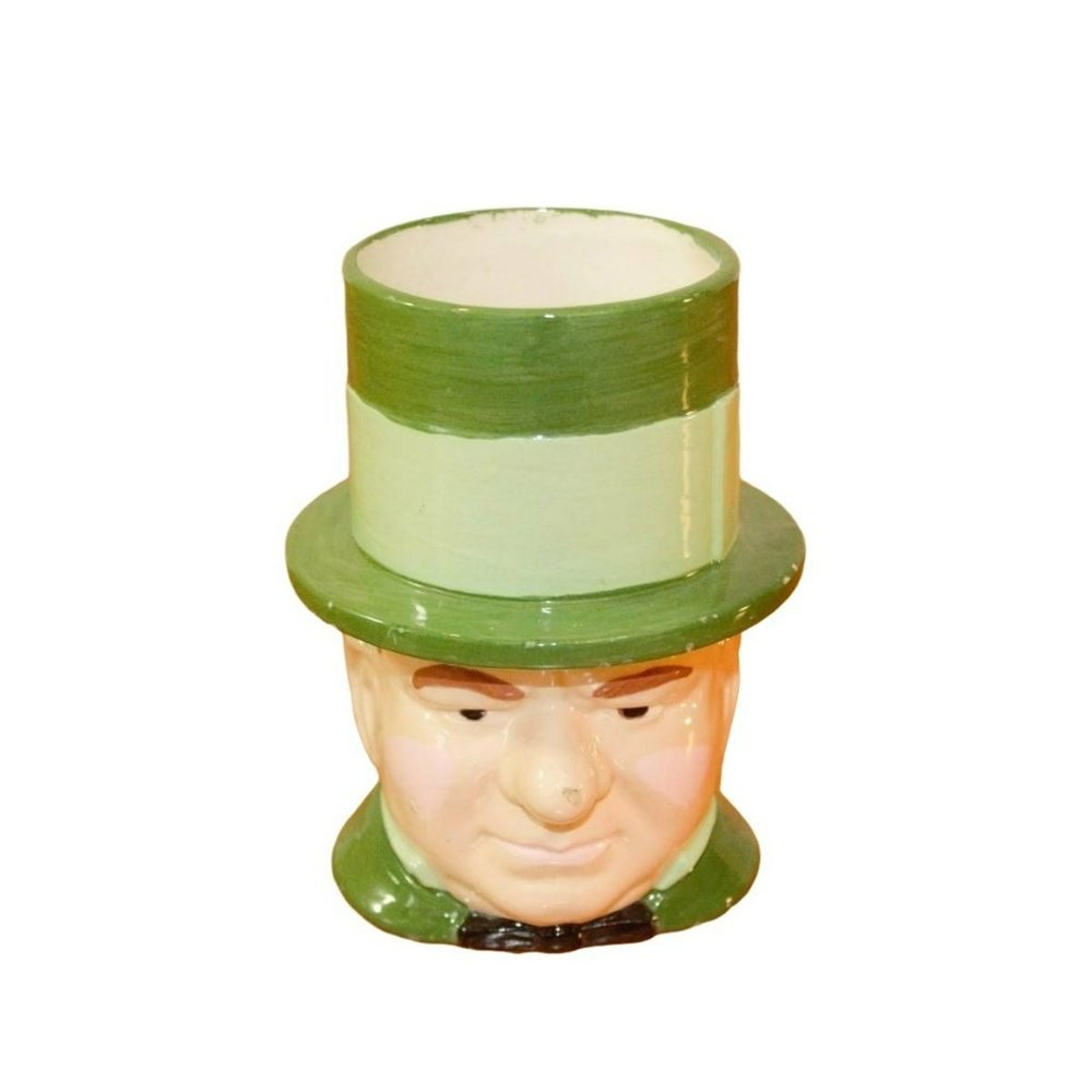 WC Fields top hat mug tankard Man 5.5" pen holder vase collectible green hand pa